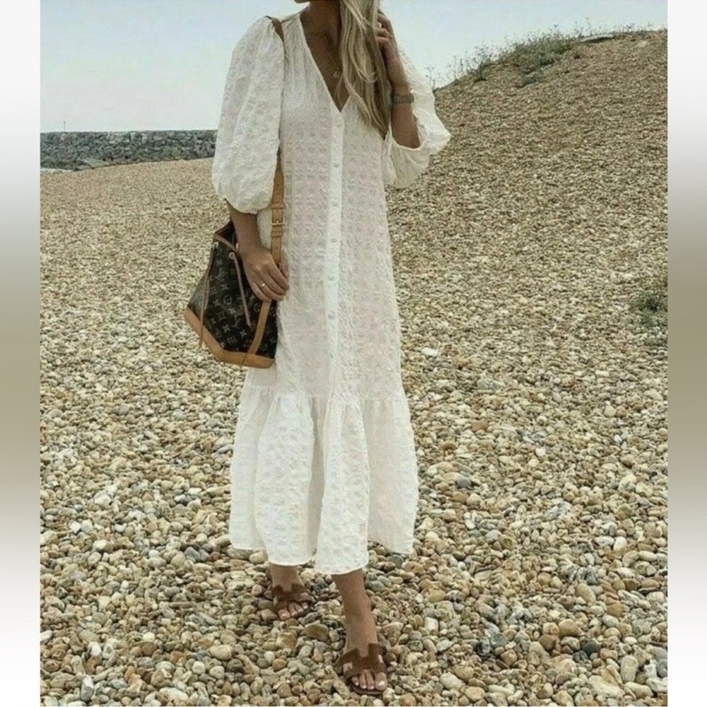 Zara White/Cream Puff Sleeves Textured Midi Dress Size S - Picture 6 of 8